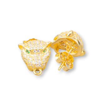 Base For Earrings Of 925 Silver With Zircons Leopard Head Stud 11x13mm 2 Pairs Golden Green Eyes