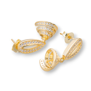 Aretes Base Plata 925 Stud Con Zirconia Cúbica Ovalada Con Copas En Espiral 12x23.5mm 1 Par Dorado