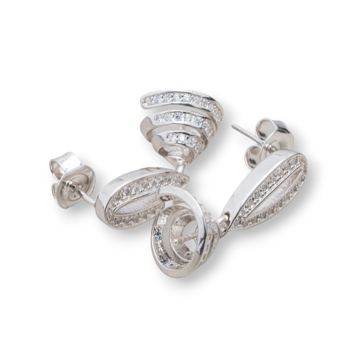 Base For Earrings Of 925 Silver Stud With Oval Zircons With Spiral Cups 12x23.5mm 1 Pair Rhodium Plated