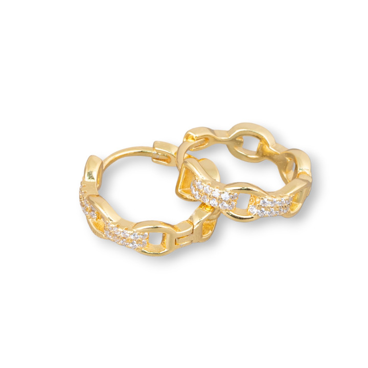 Boucles d'Oreilles Clous Fermées Argent 925 Avec Zircons Chaîne Marin Bandeau 4.5x15.5mm 2 Paires Doré