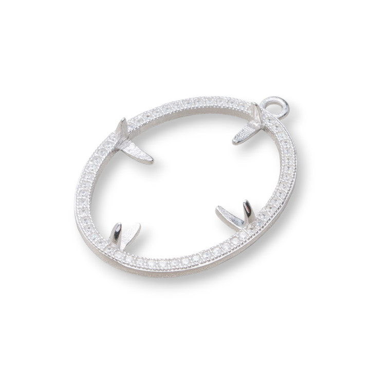 925 Silver Bezel Component Pendant With Oval Zircons 23x32mm Internal 18x24mm 2pcs Rhodium Plated