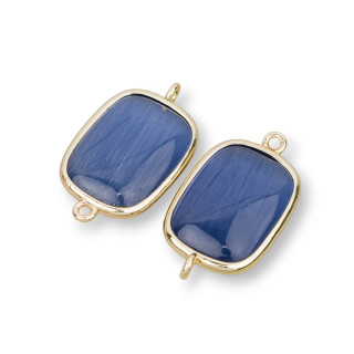 16x21mm Square Cat's Eye Brass Component Connector with 2 Rings 8pcs Sapphire Blue