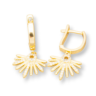 Closed Stud Earrings Of 925 Silver With Leaf Pendant With Zircons 14x30mm 1 Pair Golden