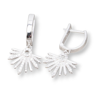 Boucles d'Oreilles Clous Fermées Argent 925 Avec Pendentif Feuille Avec Zircons 14x30mm 1 Paire Plaqué Rhodium