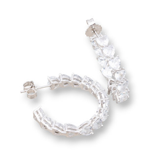 Aretes De Plata 925 Con Corazon Zirconia Circulo 4.5x25mm 1 Par Rodiada Blanco