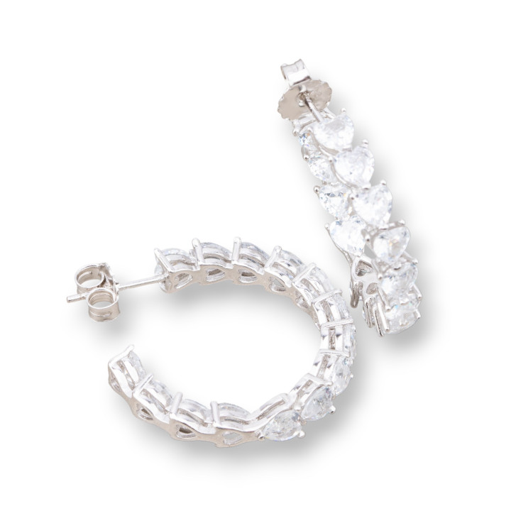 Orecchini Perno Di Argento 925 Con Cerchietto Zirconi a Cuore 4,5x25mm 1 Coppia Rodiato Bianco