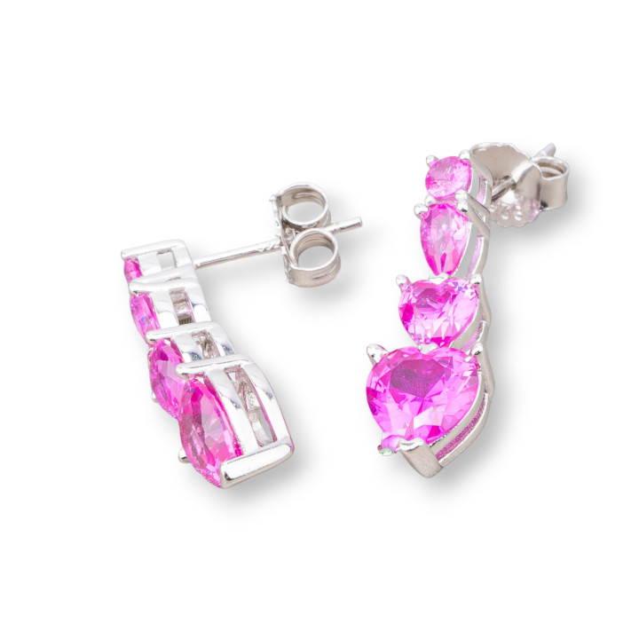 Boucles D'oreilles Tiges Argent 925 Avec Zircon Coeur 8x22mm 1 Paire Rubis Rhodié
