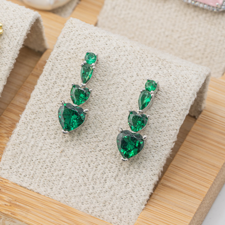 Aretes De Plata 925 Con Corazon Zirconia 8x22mm 1 Pareja Rodiada Verde