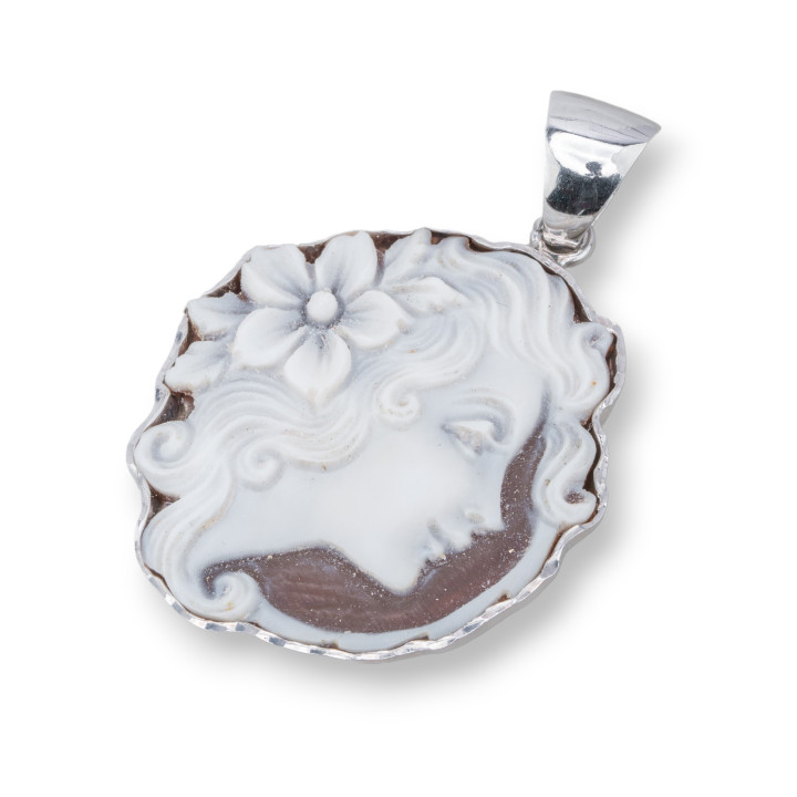 Anhänger aus 925er Silber, hergestellt in ITALIEN, 33 x 48 mm, mit natürlicher Kamee