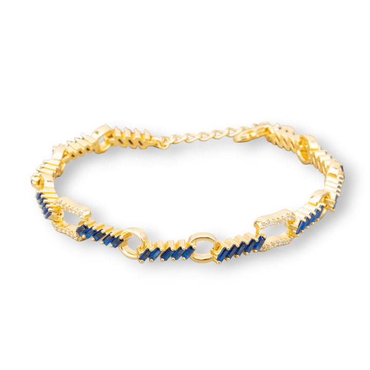 925 Silver Bracelet 'Amelia' With Baguette Zircon And Chain Width 7mm Length 17cm+3cm Golden Sapphire Blue