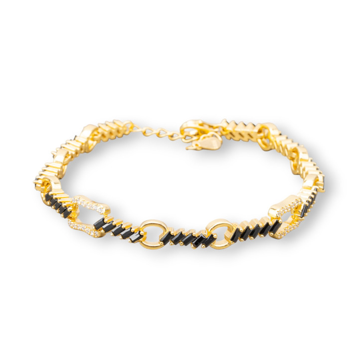 925 Silver Bracelet 'Amelia' With Baguette Zircon And Chain Width 7mm Length 17cm+3cm Jet Black Golden