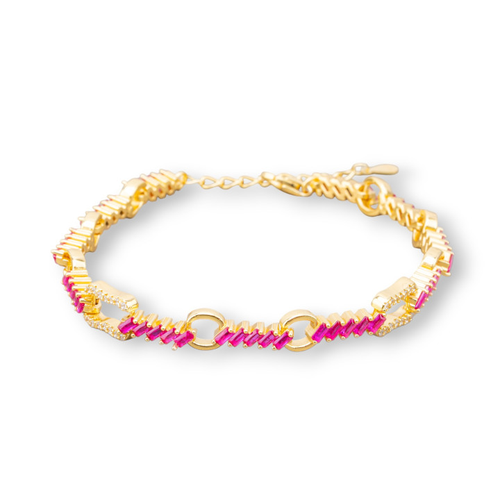925 Silver Bracelet 'Amelia' With Baguette Zircon And Chain Width 7mm Length 17cm+3cm Golden Ruby Red