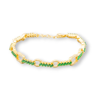 925 Silver Bracelet 'Amelia' With Baguette Zircon And Chain Width 7mm Length 17cm+3cm Golden Emerald Green