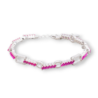 Pulsera de Plata 925 'Amelia' Con Zirconia Baguette Y Cadena Ancho 7mm Largo 17cm+3cm Rodiada Rubí Rojo