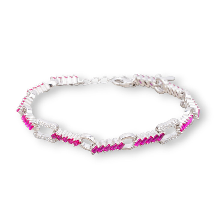 925 Silber Armband 'Amelia' mit Baguette Zirkonia und Kette Breite 7mm Länge 17cm+3cm rhodinierter roter Rubin