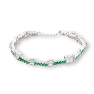 925 Silver Bracelet 'Amelia' With Baguette Zircon And Chain Width 7mm Length 17cm+3cm Emerald Green Rhodium Plated