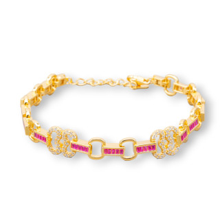 Bracciale Di Argento 925 'Amelia' Con Zircone A Baguette E Maglia Ovale Larghezza 10mm Lunghezza 17,5cm+3cm Dorato Rosso Ruby