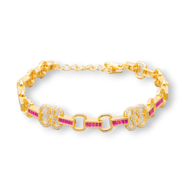 925 Silver Bracelet 'Amelia' With Baguette Zircon And Oval Link Width 10mm Length 17.5cm+3cm Ruby Red Golden