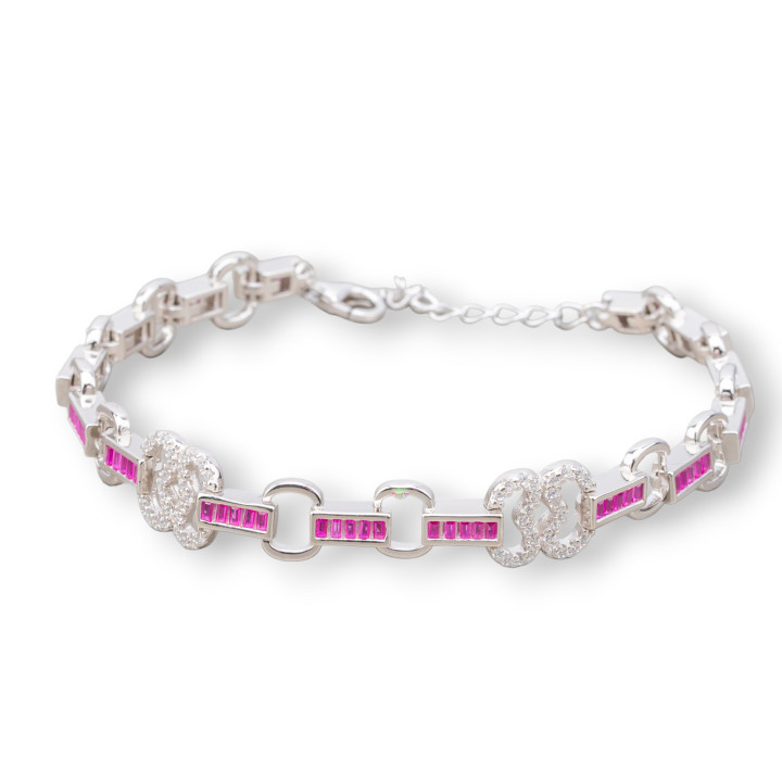 Bracelet Argent 925 'Amelia' Avec Zircone Baguette Et Maille Ovale Largeur 10mm Longueur 17.5cm+3cm Plaqué Rhodium Rubis Rouge