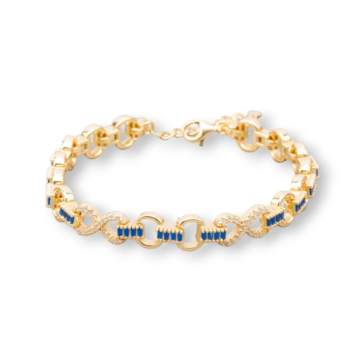 925 Silver Bracelet 'Amelia' With Baguette Zircon And Oval Link Width 8m Length 17cm+3cm Golden Sapphire Blue