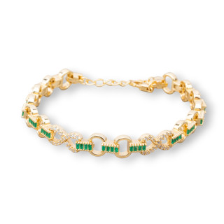 925 Silver Bracelet 'Amelia' With Baguette Zircon And Oval Link Width 8m Length 17cm+3cm Golden Emerald Green