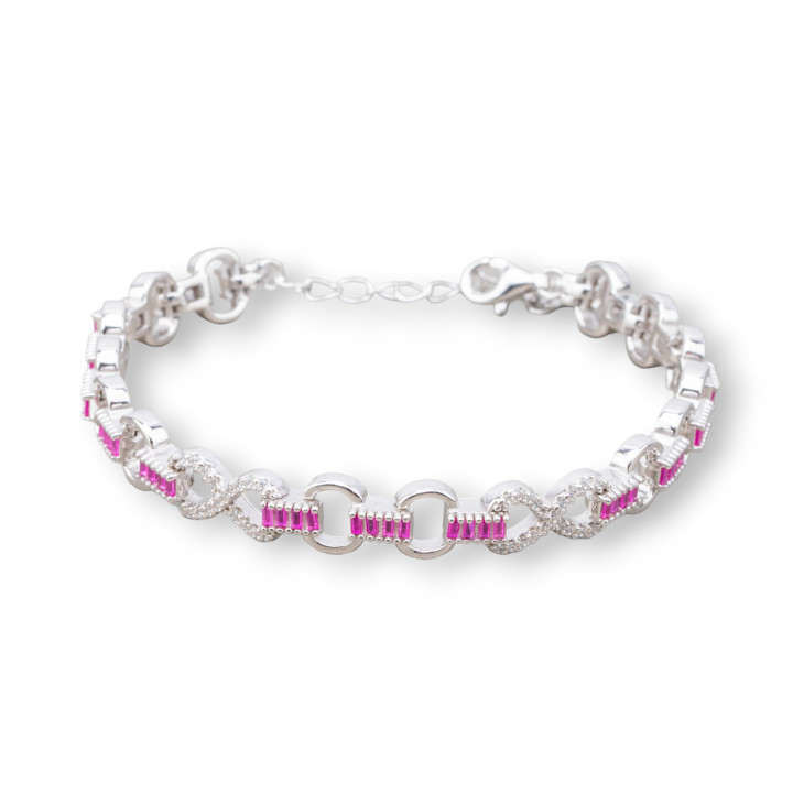 Bracelet Argent 925 'Amelia' Avec Zircone Baguette Et Maille Ovale Largeur 8m Longueur 17cm+3cm Plaqué Rhodium Rubis Rouge