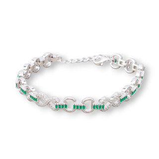 Bracciale Di Argento 925 'Amelia' Con Zircone A Baguette E Maglia Ovale Larghezza 8m Lunghezza 17cm+3cm Rodiato Verde Smeraldo
