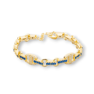 925 Silver Bracelet 'Amelia' With Baguette Zircon And Oval Link Width 9mm Length 16.5cm+3cm Golden Blue Sapphire