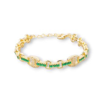 925 Silver Bracelet 'Amelia' With Baguette Zircon And Oval Link Width 9mm Length 16.5cm+3cm Golden Emerald Green