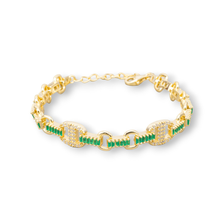 925 Silver Bracelet 'Amelia' With Baguette Zircon And Oval Link Width 9mm Length 16.5cm+3cm Golden Emerald Green