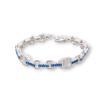 Bracciale Di Argento 925 'Amelia' Con Zircone A Baguette E Maglia Ovale Larghezza 9mm Lunghezza 16,5cm+3cm Rodiato Blu Zaffiro