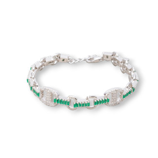 Bracelet 'Amelia' Argent 925 Avec Zircone Baguette Et Maille Ovale Largeur 9mm Longueur 16.5cm+3cm Plaqué Rhodium Vert Emeraude