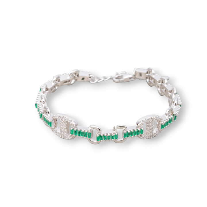 Bracciale Di Argento 925 'Amelia' Con Zircone A Baguette E Maglia Ovale Larghezza 9mm Lunghezza 16,5cm+3cm Rodiato Verde Smeral