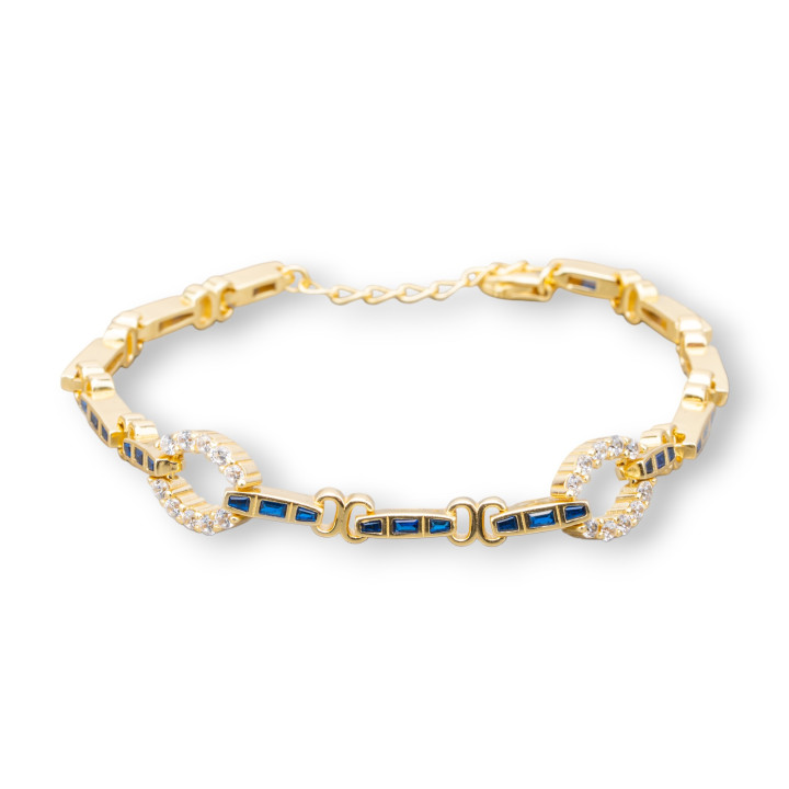 Pulsera de Plata 925 'Amelia' Con Zirconia Baguette Y Malla Oval Ancho 9mm Largo 18cm+3cm Zafiro Azul Dorado