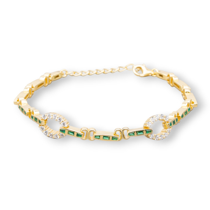 Bracelet Argent 925 'Amelia' Avec Zircone Baguette Et Maille Ovale Largeur 9mm Longueur 18cm+3cm Doré Vert Emeraude