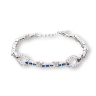 925 Silver Bracelet 'Amelia' With Baguette Zircon And Oval Link Width 9mm Length 18cm+3cm Rhodium-plated Sapphire Blue