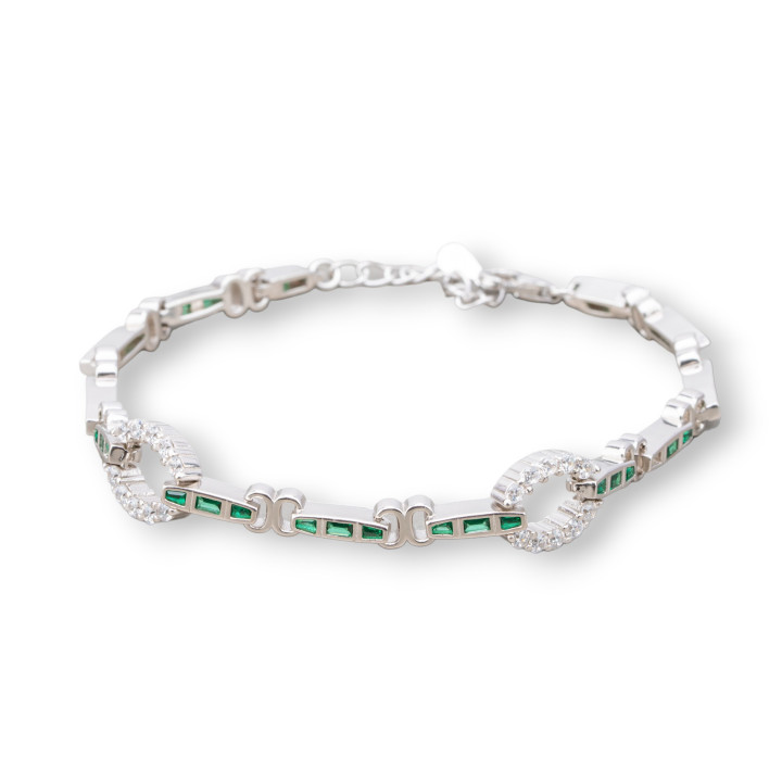 Bracelet 'Amelia' Argent 925 Avec Zircone Baguette Et Maille Ovale Largeur 9mm Longueur 18cm+3cm Plaqué Rhodium Vert Emeraude