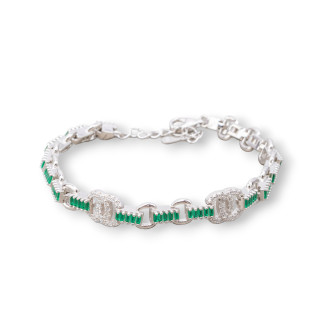 Bracelet 'Amelia' Argent 925 Avec Zircone Baguette Et Maille Ronde Largeur 8m Longueur 16.5cm+3cm Plaqué Rhodium Vert Emeraude