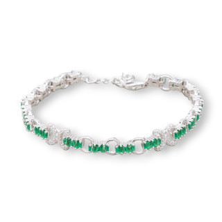 Bracciale Di Argento 925 'Amelia' Con Zircone A Baguette E Maglia Tonda Larghezza 8m Lunghezza 17,5cm+3cm Rodiato Verde Smerald