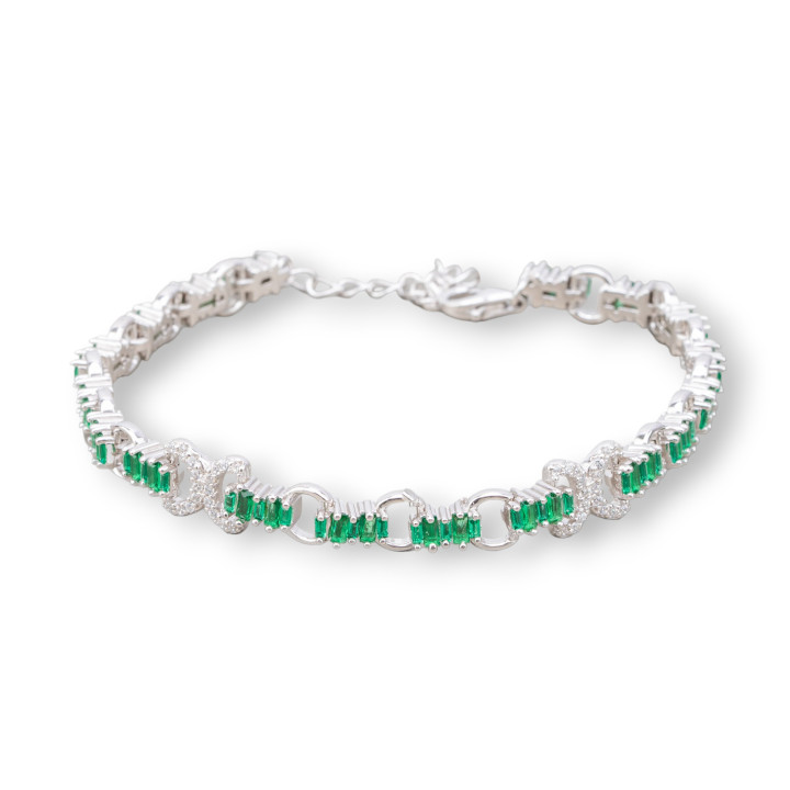 925 Silver Bracelet 'Amelia' With Baguette Zircon And Round Link Width 8m Length 17.5cm+3cm Emerald Green Rhodium Plated