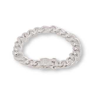 Bracelet Argent 925 'Antonette' Maille Groumette Avec Zircone Largeur 10.5mm Longueur 18cm Plaqué Rhodium
