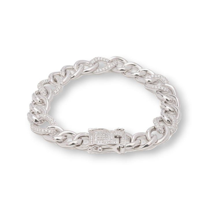 Bracciale Di Argento 925 'Antonette' Maglia Groumette Con Zirconi Larghezza 10,5mm Lunghezza 18cm Rodiato