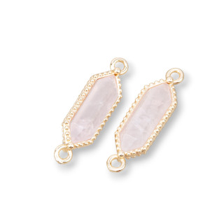 Connettore Componente Di Ottone Con Pietre Dure 6x24mm 10pz Dorato Quarzo Rosa