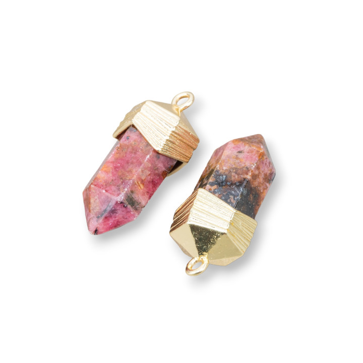 Brass Pendant Component Connector Obelisk Shape With Semi-precious Stones 10x20mm 8pcs Golden Rhodonite