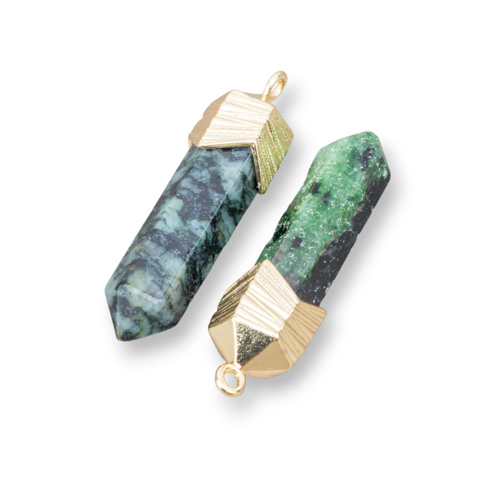 Brass Pendant Component Connector Obelisk Shape With Semi-precious Stones 8x25mm 8pcs Golden Rubizoisite