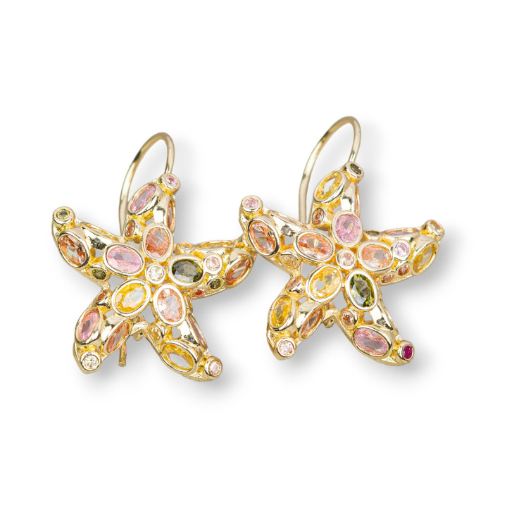 Pendientes De Gancho De Bronce Con Estrella De Mar Con Circonitas Incrustadas 25x35mm Multicolor