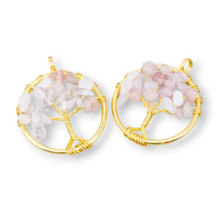 Pendentif Arbre De Vie Avec Pierres Dures 30mm 4pcs Quartz Rose Doré