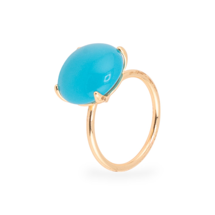 Bague Bronze Oeil de Chat Cabochon Rond 15mm Taille Ajustable Doré Bleu