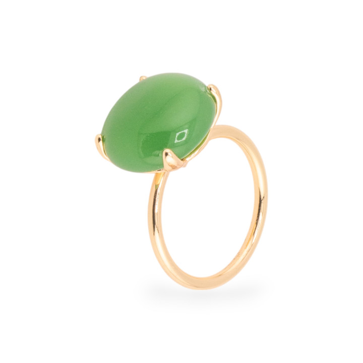 Bague Bronze Oeil de Chat Cabochon Rond 15mm Taille Ajustable Doré Vert