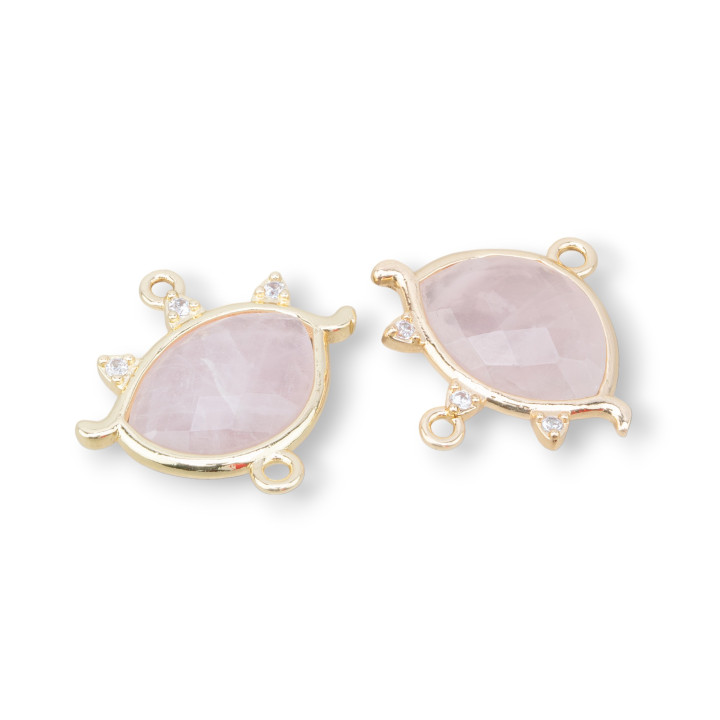 Brass Component Connector Eye Shape With Semi-precious Stones 21x20mm 5pcs Golden Rose Quartz